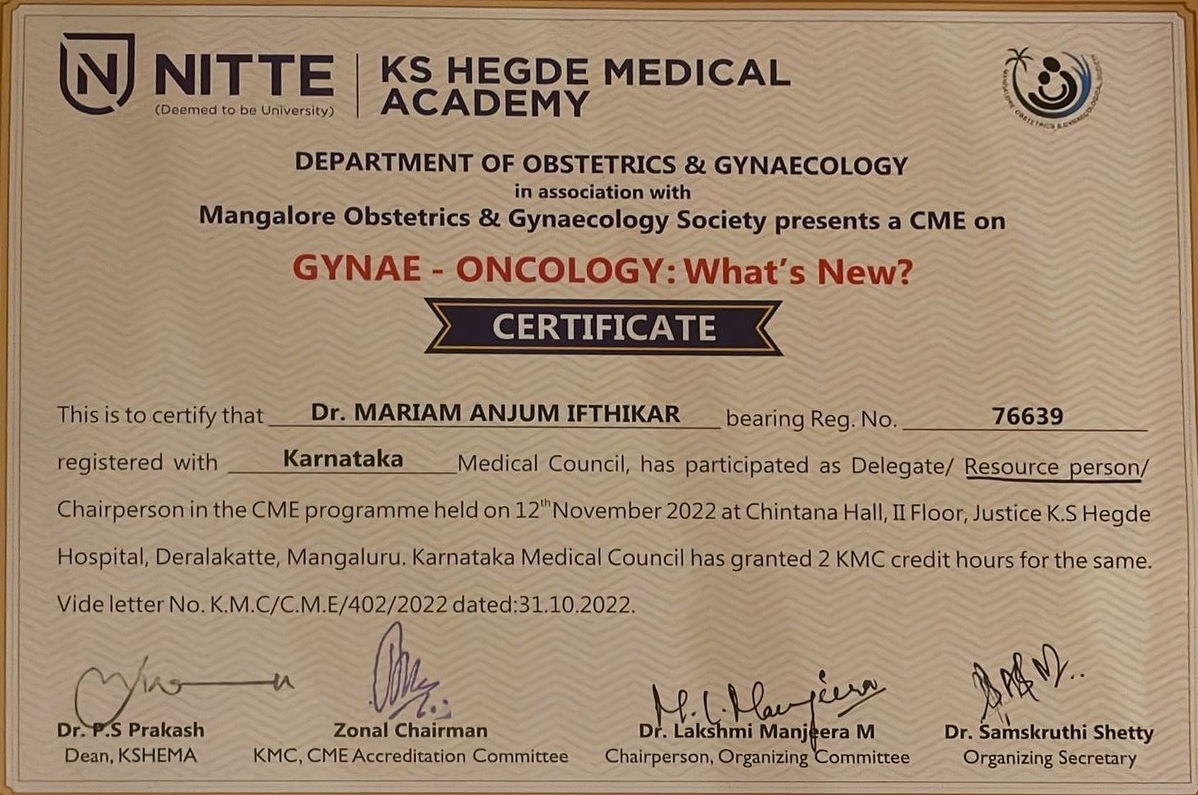Dr. Mariam Anjum — KS Hegde Medical Academy — Certificate